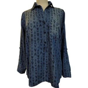 Andrea Jovine Woman Pullover Hi Low Tunic Shirt Denim Blue Tencel Print OX NEW